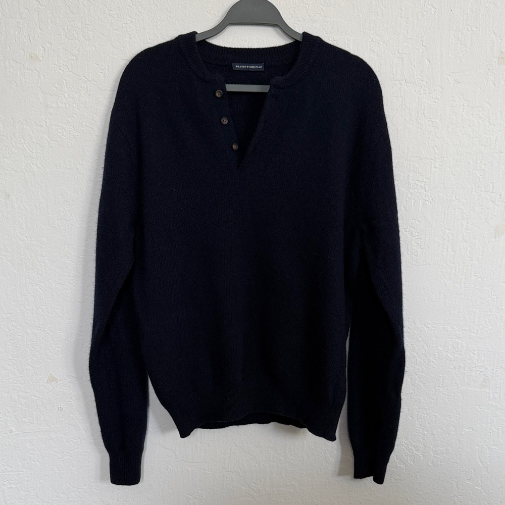 Brandy Melville Wool Women’s Navy Crewneck Sweater with Quarter Button Details